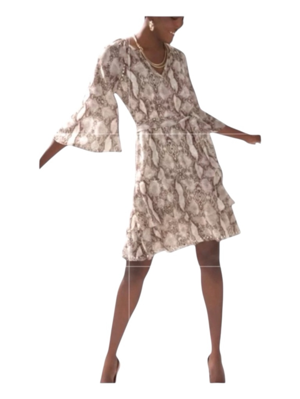 WHITE HOUSE BLACK MARKET Snakeskin Print Dress, Bell Sleeves, Size S.